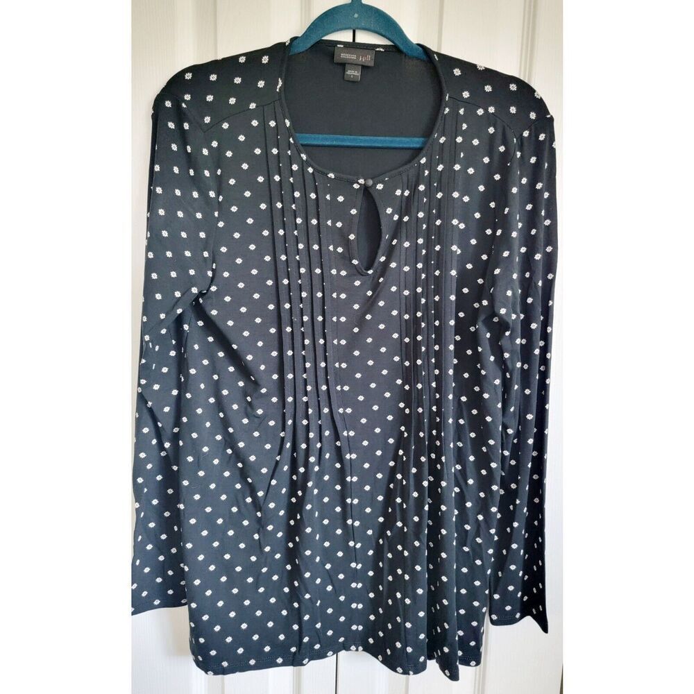 J. Jill S Top Blouse‎ Women Large Black White Floral Print Stretch Long Sleeve